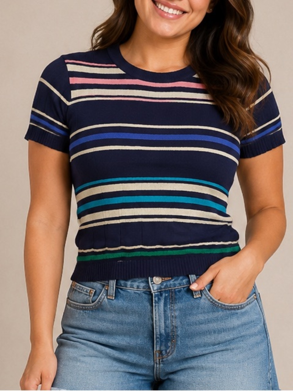 GAP Navy Short-Sleeve Striped Knit Sweater SMALL